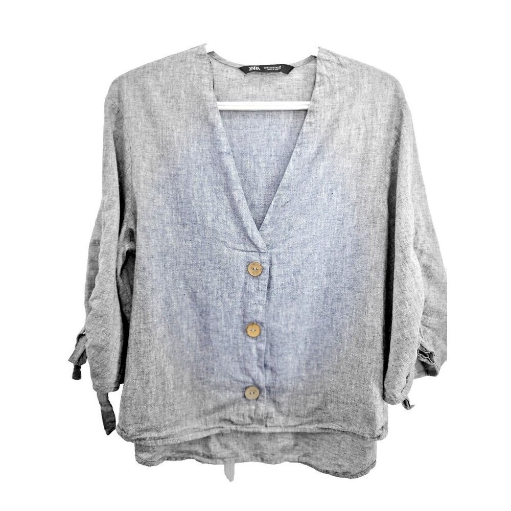 Zara Woman Sz Med  Soft Blue Chambray Fabric Tied Sleeves Casual Sophisticated